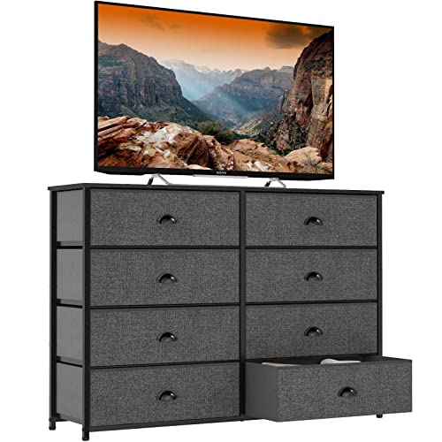 Furnulem 8-Drawer Wide Dresser for TV Stand, Bedroom, Living Room - Dark Grey