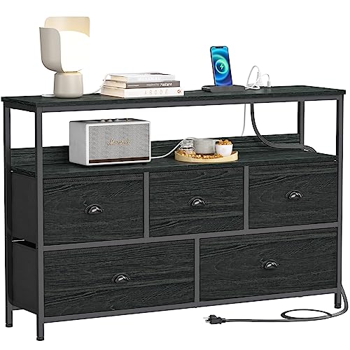 Furologee 45" Console Sofa Table with Power Outlet & 5 Drawers in Black Oak