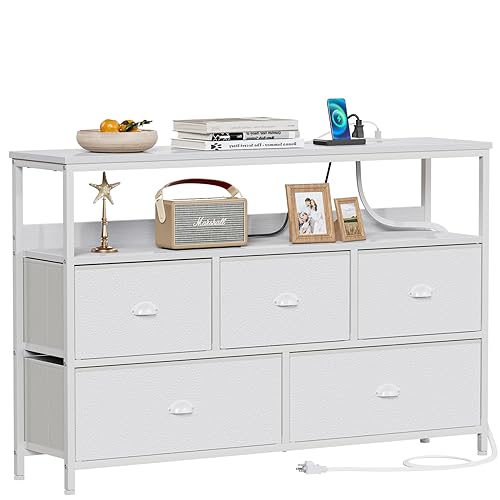 Furologee White Dresser TV Stand with Outlet