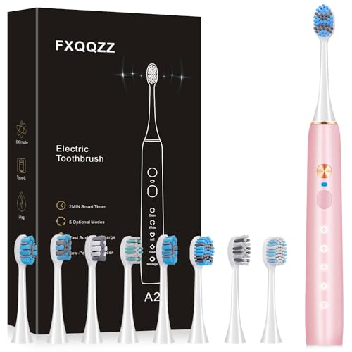 FXQQZZ Sonic Electric Toothbrush Kit: 8 Replacement Heads, 5 Modes, 2 Min Timer (Pink)