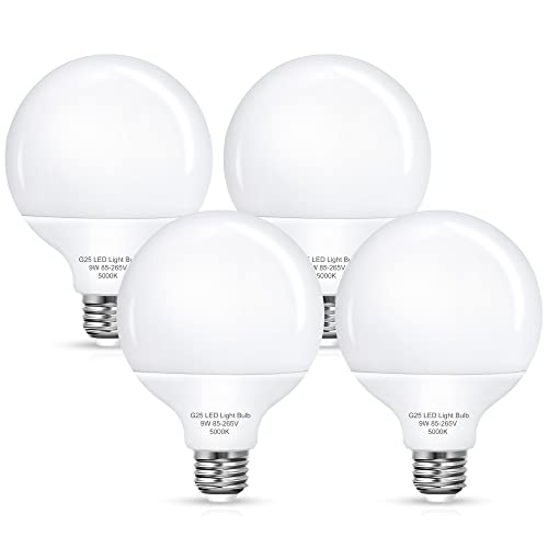 Flaspar G25 LED Vanity Bulbs, 100W Equivalent, 9W, 5000K, E26 Base, 4 Pack