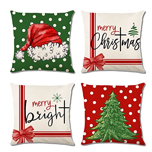Christmas Pillow Covers 18x18 Set of 4, Merry Christmas Decorative Throw Pillows