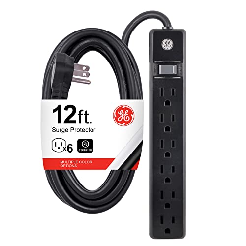 GE 6-Outlet Power Strip, 12 Ft Extension Cord, Flat Plug, Grounded, Black, 45192