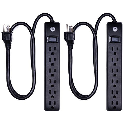 GE 6-Outlet Surge Protector 2-Pack, 3 Ft Extension Cord - Black