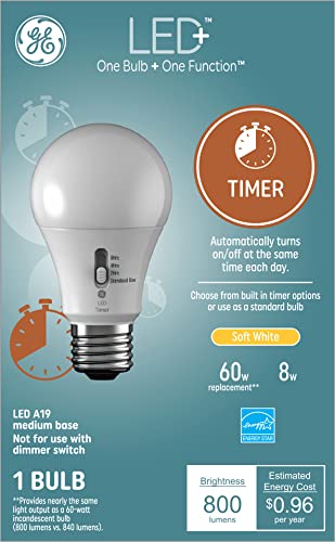 GE Lighting LED+ Timer Light Bulb, Soft White, Built-In Automatic Timer, A19 Light Bulb (1 Pack)