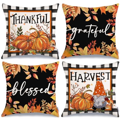 Thankful Grateful Pumpkin Gnome Fall Throw Pillow Covers Set of 4