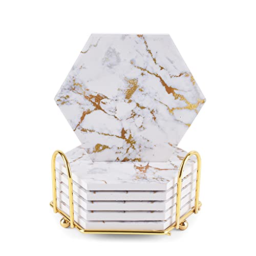 Geichan Gold Marble Coaster Set with Cork Base
