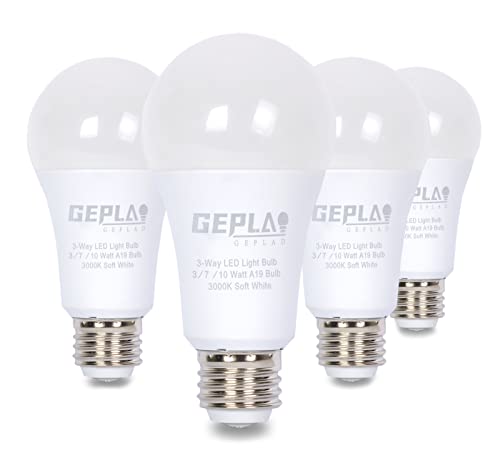 GEPLAD 4 Pack 3-Way LED Light Bulb Soft White 3000K Equivalent, A19 E26 Base
