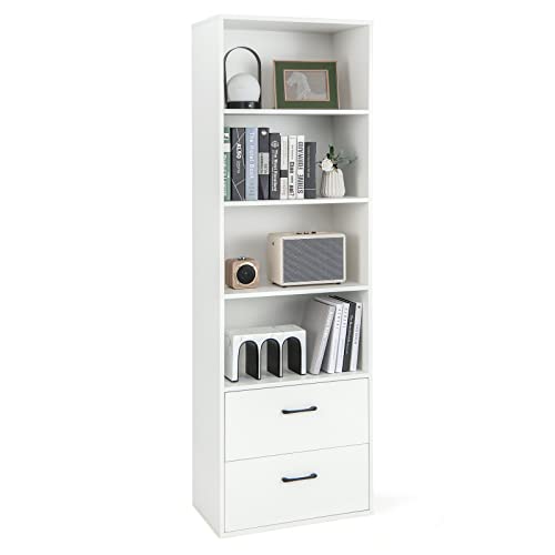 Giantex 4-Tier Bookcase with Drawers - White Wood Open Storage Display Cabinet