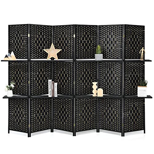 Giantex 6Ft 6 Panel Rattan Room Divider with Shelves