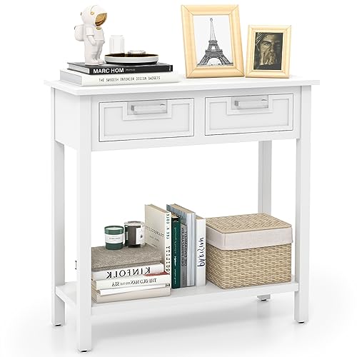 Giantex Narrow Console Table with Drawers and Storage Shelf (White)