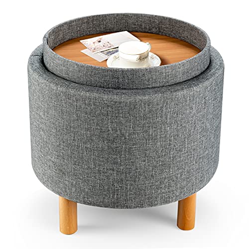 Giantex Round Fabric Storage Ottoman with Tray and Solid Wood Legs (Grey)