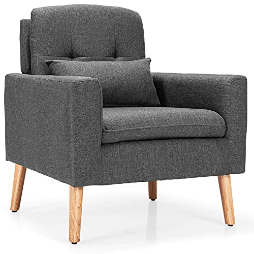 Grey Linen Upholstered Accent Armchair with Wood Legs