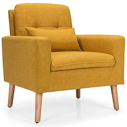 Giantex Upholstered Accent Chair, Linen Fabric Single Sofa Armchair w/Waist Pillow, Solid Wood Legs & Thick Sponge Cushion, Modern Leisure Chair for Living Room Bedroom Office, Yellow