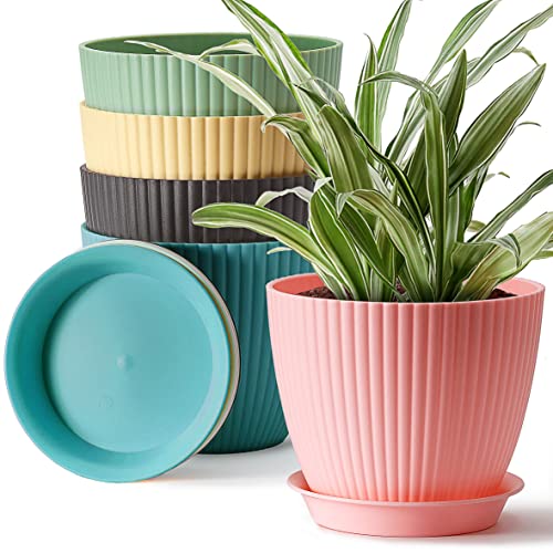 Giraffe Creation 7 inch Large Plant Pots, 5 Pack Flower Pots with Drainage Hole and Tray Saucer
