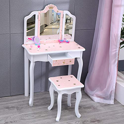Girls Vanity Set with Tri-Folding Mirror and Stool
