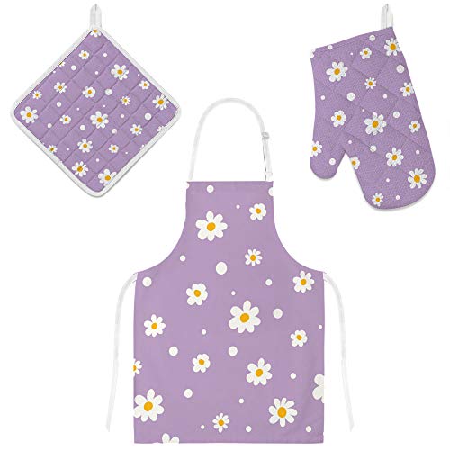Girly Cute Daisy Floral Purple Apron Set