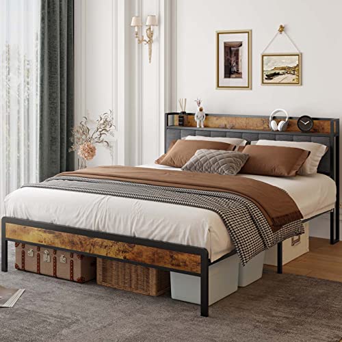 Gizoon Queen Bed Frame with Storage Headboard, Metal Platform Bed