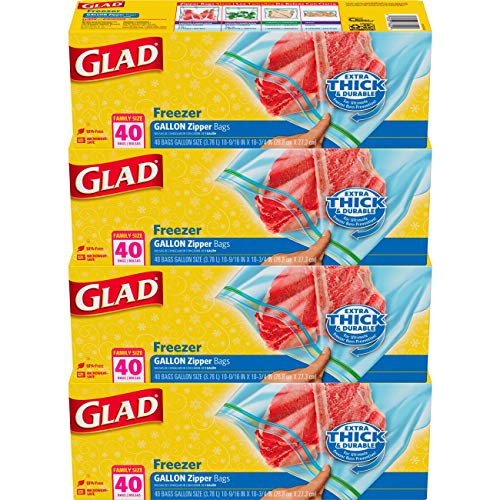 GLAD Zipper Freezer Storage Plastic Bags, Gallon Bags, On-the-Go Snack and Lunch Bags, Zipper Food Sealer, Microwave Safe, BPA Free, 40 Count, Pack of 4 (Package May Vary)