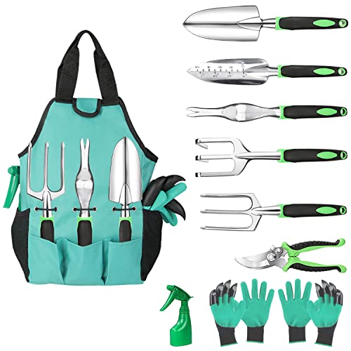 Aluminum Garden Hand Tools Set + Gloves & Tote Bag, 10 Pcs