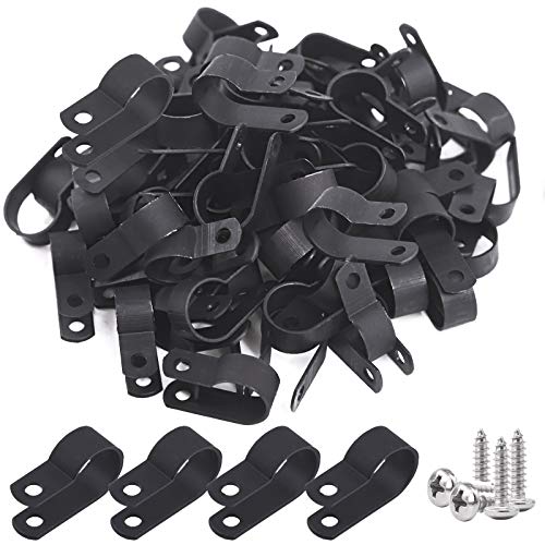 Glarks 60Pcs 5/8 Inch Black Nylon Screw Mounting R-Type Cable Clip Wire Clamp with 60Pcs Screws for Wire, Cable, Conduit and Cable Conduit Kit (Black)