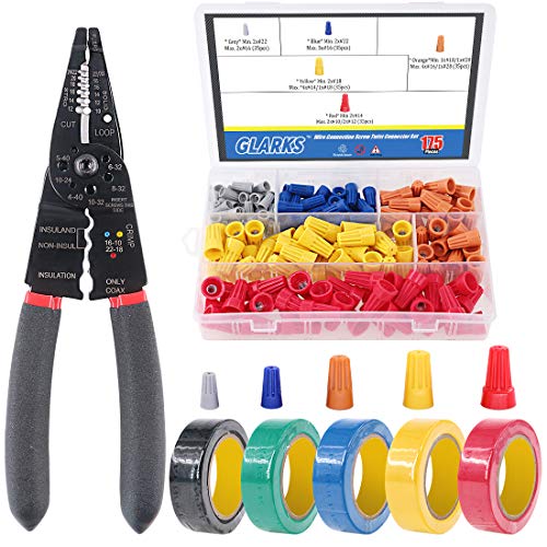 Glarks Wire Stripper/Crimper/Cutter and Wire Connectors Set with Electrical Tape Assortment
