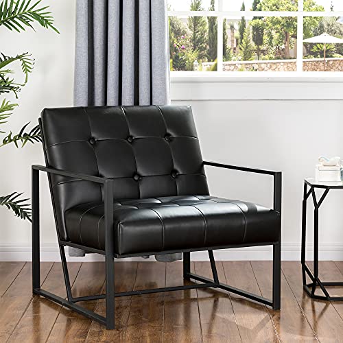 glitzhome Mid Century Accent Armchair, Single Reading Armchair Black PU Leather Tufted Chair with Sturdy Metal Frame