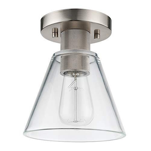 Globe Electric 60295 Flynn 1 Flush Mount Ceiling Light, Brushed Nickel, Textured Socket Accent, Clear Glass Shade, Silver, Bulb Not Included