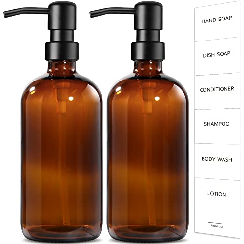 2-Pack 16 Oz Amber Glass Hand Dish Soap Dispenser with Plastic