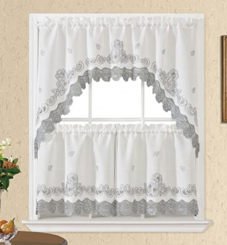 Rose Embroidered Lace Kitchen Curtains Set in Grey