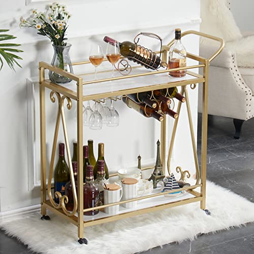 GOLASON Gold Bar Cart with Wine Rack and Glasses Holder