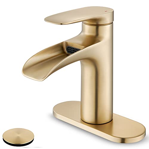 Gold Bathroom Faucets, Single Hole Bathroom Faucets Brushed Gold, Waterfall Faucet for Bathroom Sink Brass Bathroom Faucet with Pop Up Drain RV Faucet YardMonet