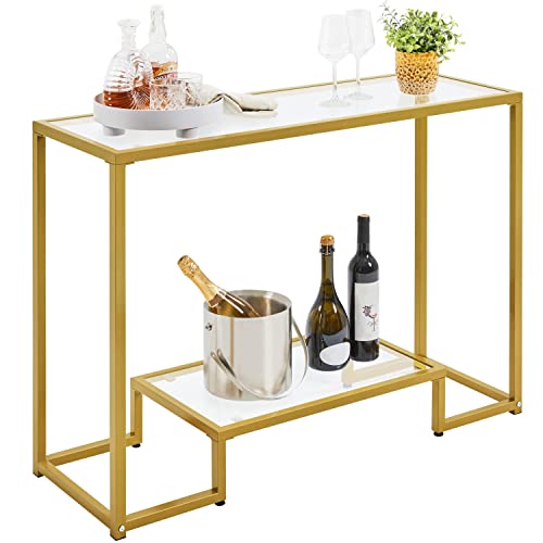 Gold Console Table with Storage Shelves and Metal Frame