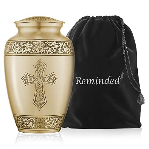 Gold Etched Cross Brass Funeral Urn with Velvet Bag