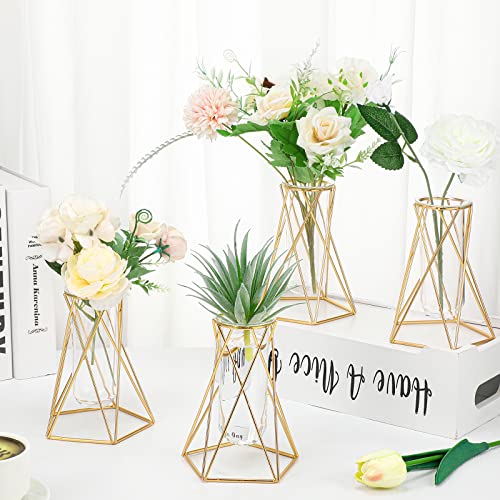 Gold Geometric Vase for Centerpieces with Metal Flower Stand