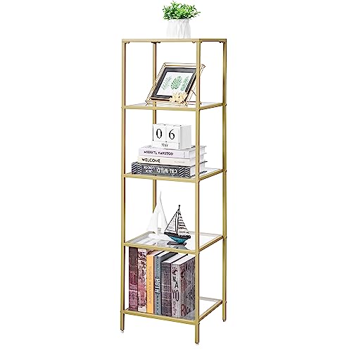 Golden 5-Tier Bookshelf with Tempered Glass Shelves