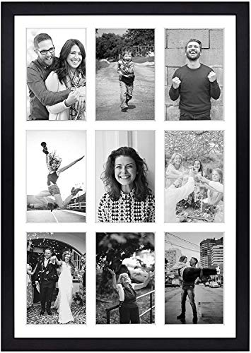 Golden State Art, 13.6x19.7 Black Photo Wood Collage Frame with Real Glass and White Displays (9) 4x6 Pictures
