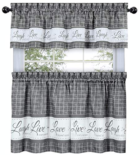 GoodGram Country Gingham 3 Pc. Café Plaid Kitchen Curtain Set - Gray, 24 in. L