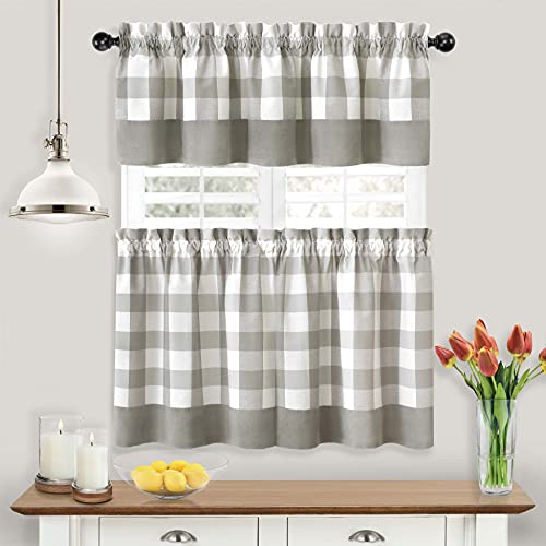 GoodGram Modern Country Farmhouse 3 Piece Buffalo Plaid Checkered Cafe Kitchen Curtain Tier & Valance Set - Assorted Colors & Sizes (Gray, 24 in. L)