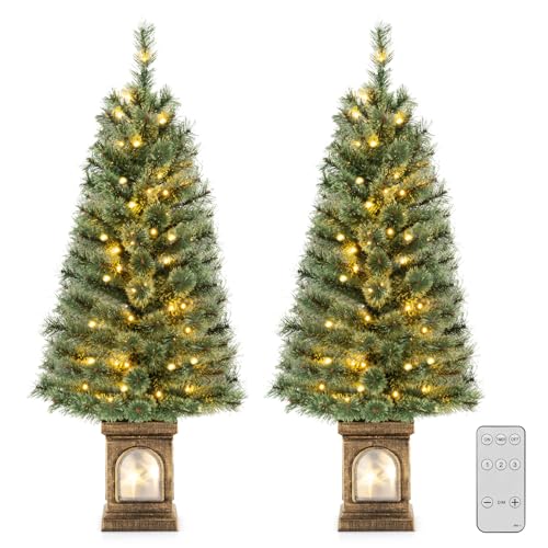 Goplus Set of 2 Pre-Lit 4ft Potted Christmas Trees with 100 LED Lights