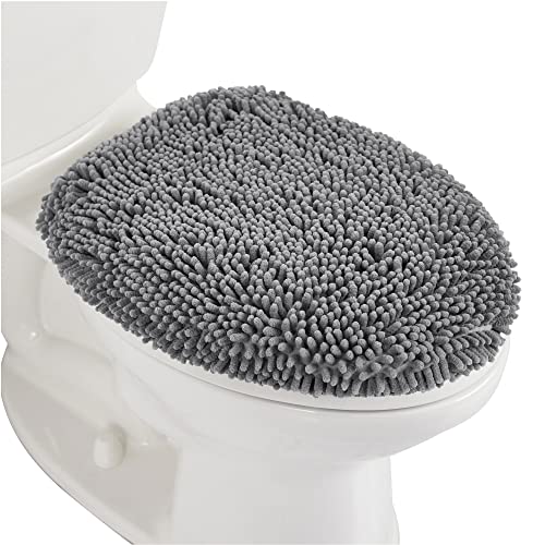 Soft Chenille Toilet Lid Cover, Machine Washable, Stays in Place, Gray