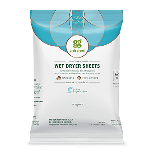 Grab Green Natural Wet Dryer Sheets, Unscented, Fabric Softener & Static-Reducer