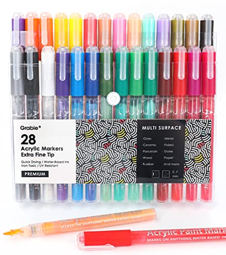 Grabie Acrylic Paint Pens, 28 Colors, Fine Tip Markers
