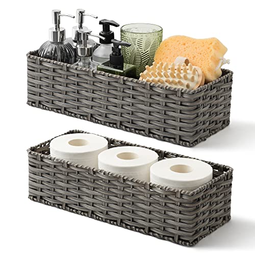 GRANNY SAYS Wicker Baskets for Organizing, Waterproof Toilet Paper Storage Basket, Towel Baskets for Bathroom Organizing, Gray Bathroom Basket for Storage, 15¾" x 6½" x 4¼", 2-Pack
