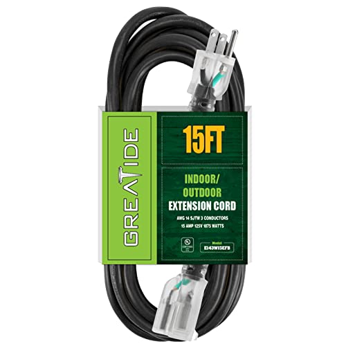GREATIDE 15 Ft Heavy Duty Outdoor Extension Cord for Lawn and Garden