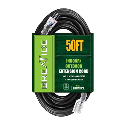 GREATIDE 50 Ft Outdoor Extension Cord - Heavy Duty Black Cable with 3 Prong Grounded Plug - 15 Amp Power Cord for Lawn, Garden
