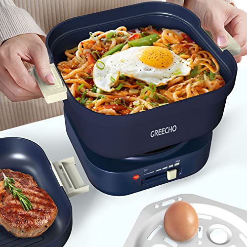 GREECHO 1.5L Electric Hot Pot with Grill and Multifunction Cooker, Matte Blue
