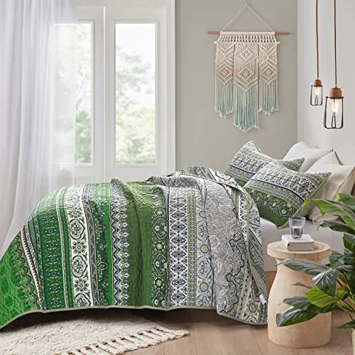 Green Boho Quilt Set - Reversible Bohemian Striped Quilt Bedding Set