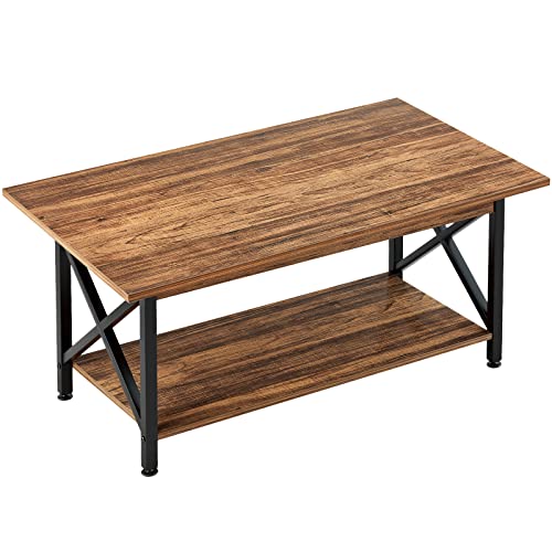 GreenForest Rustic Coffee Table with Storage, Easy Assembly, Walnut