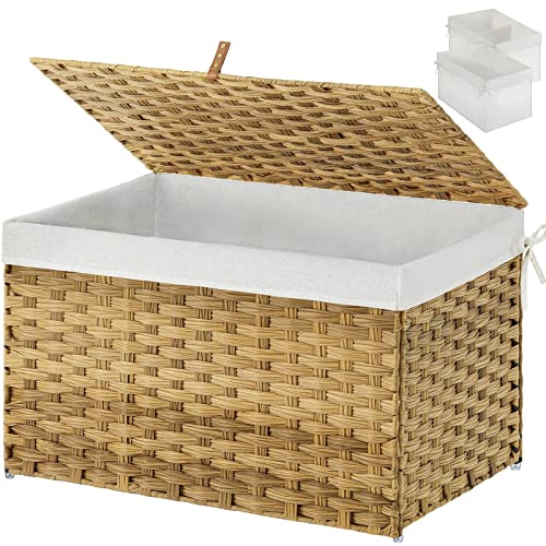 Large Handwoven Storage Basket with Lid and Liner, Foldable and Easy to Install